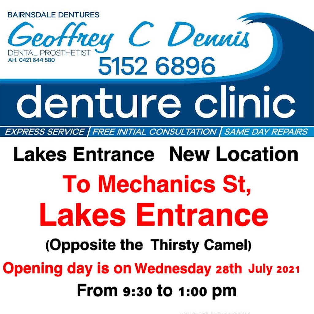 Geoffrey C Dennis-Bairnsdale Dentures | health | 2/335 Esplanade (to Mechanics St, opposite, Thirsty Camel, Lakes Entrance VIC 3909, Australia | 0351526896 OR +61 3 5152 6896