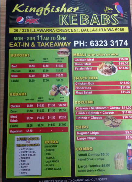 Kingfisher Kebabs Ballajura | meal delivery | 36/225 Illawarra Cres, Ballajura WA 6066, Australia | 0892481090 OR +61 8 9248 1090