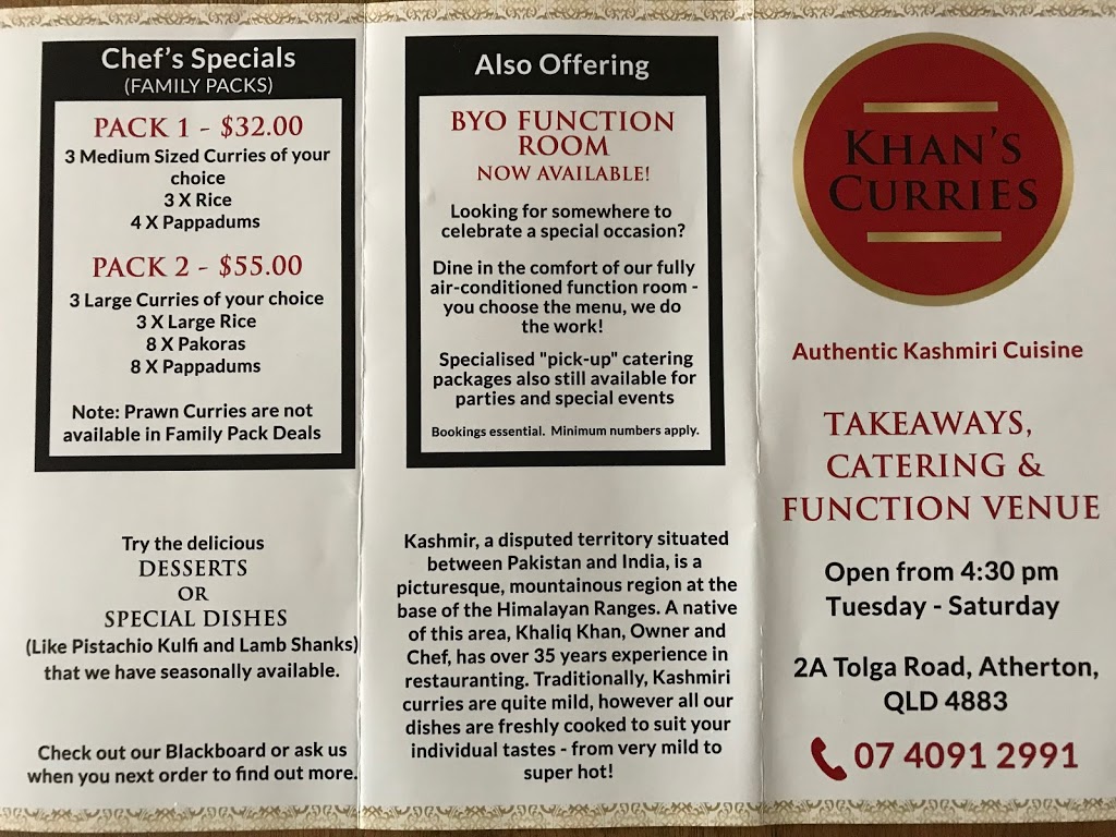 Khans Curries | meal takeaway | 2a Tolga Rd, Atherton QLD 4883, Australia | 0740912991 OR +61 7 4091 2991