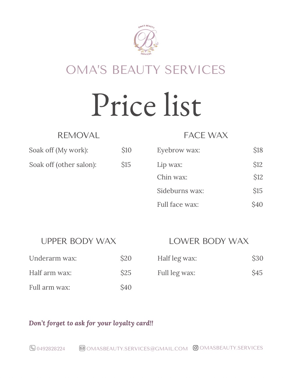 omas beauty services | 19 Black Range Rd, Bega NSW 2550, Australia | Phone: 0492 828 224