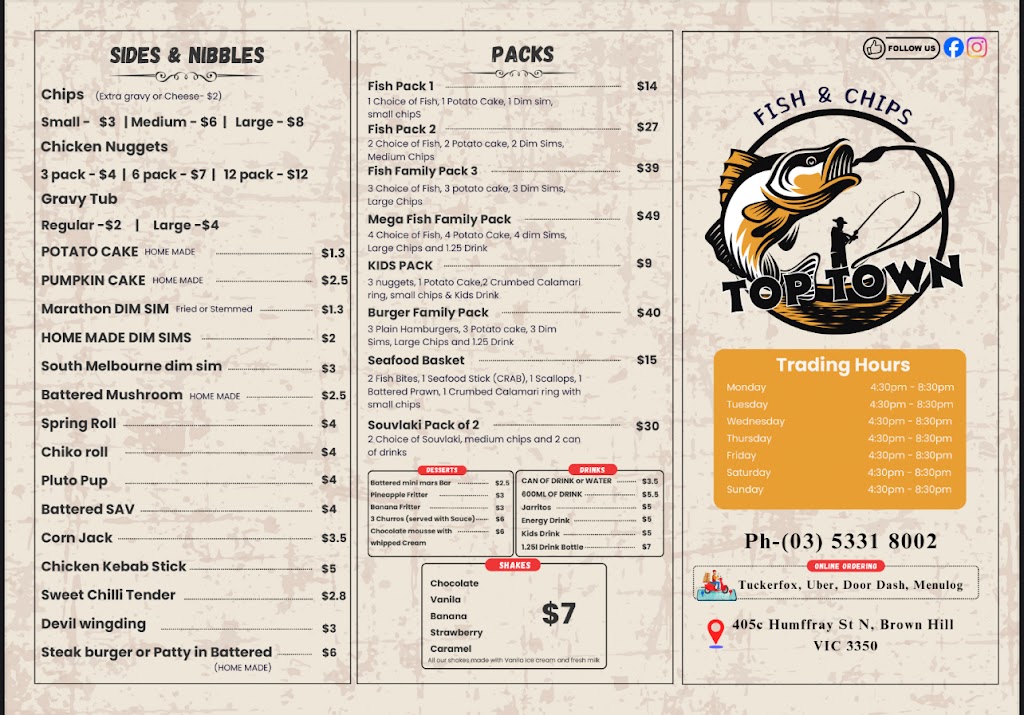 Top Town Fish & Chips | 405C Humffray St N, Brown Hill VIC 3350, Australia | Phone: (03) 5331 8002