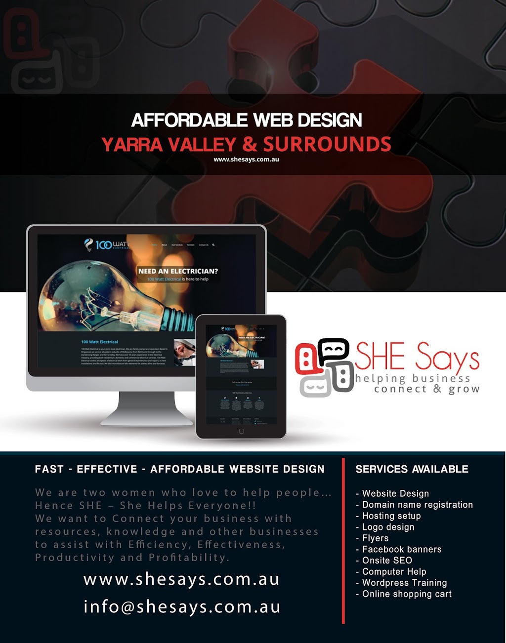 SHE Says Web Design Yarra Valley |  | 68 Bell St, Yarra Glen VIC 3775, Australia | 0417378123 OR +61 417 378 123