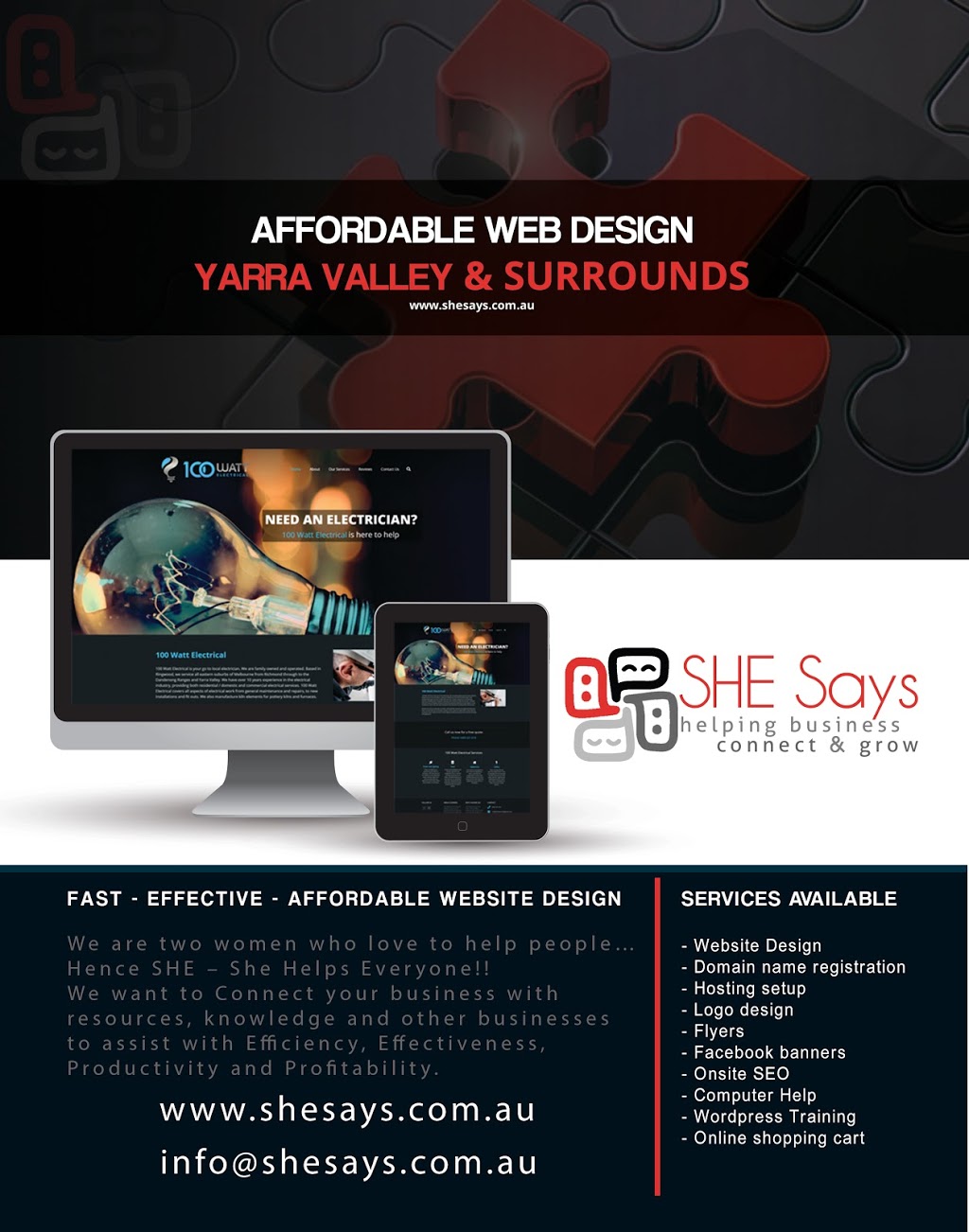 SHE Says Web Design Yarra Valley | 68 Bell St, Yarra Glen VIC 3775, Australia | Phone: 0417 378 123