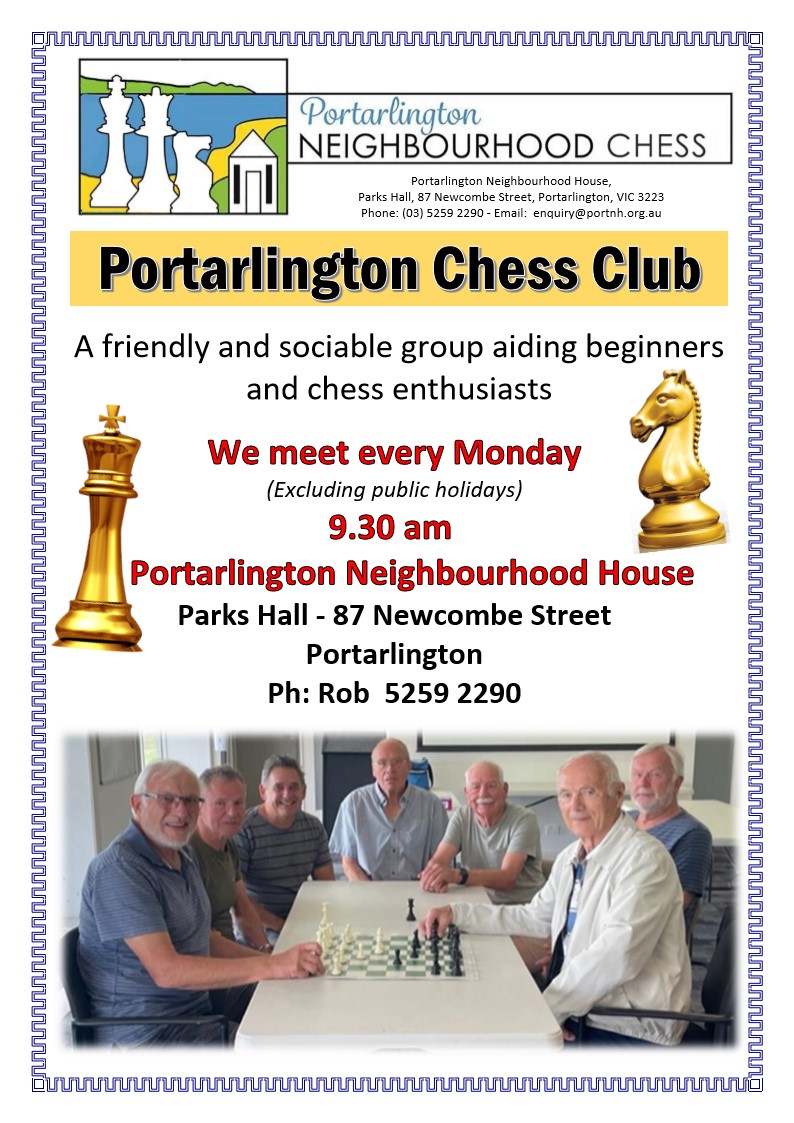 Portarlington Neighbourhood Chess Club | Portarlington Parks Hall, 87 Newcombe St, Portarlington VIC 3223, Australia | Phone: (03) 5259 2290