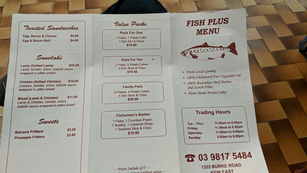Fish Plus - Fish and Chips | meal takeaway | 1333 Burke Rd, Kew East VIC 3102, Australia | 0398175484 OR +61 3 9817 5484