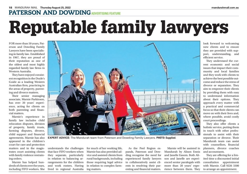 Paterson & Dowding Family Lawyers & Mediators | lawyer | 22 Ormsby Terrace, Mandurah WA 6210, Australia | 0892263300 OR +61 8 9226 3300