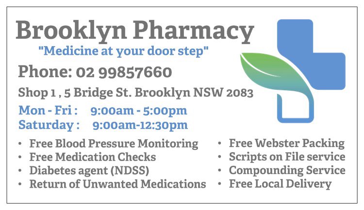 Brooklyn Pharmacy | store | Shop1/5 Bridge St, Brooklyn NSW 2083, Australia | 0299857660 OR +61 2 9985 7660