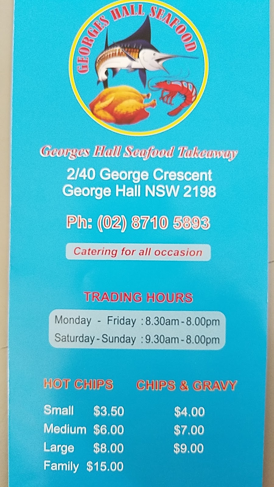 Georges Hall Seafood and Takeaway | meal takeaway | 2 Haig Ave, Georges Hall NSW 2198, Australia | 0287105893 OR +61 2 8710 5893