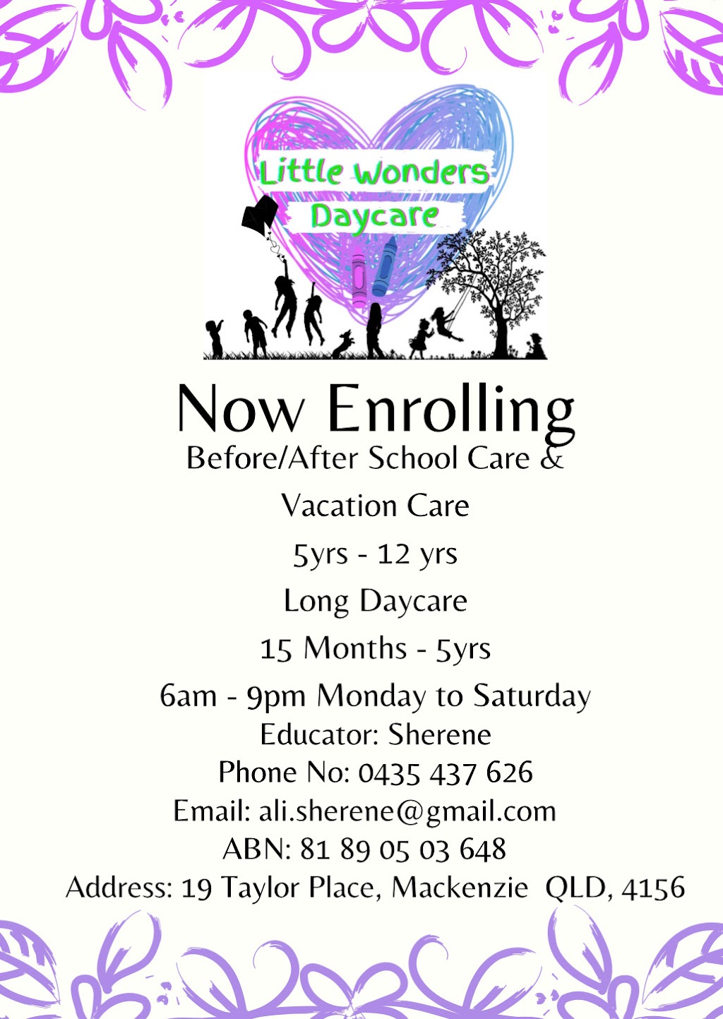 Little wonders family Daycare |  | 19 Taylor Pl, MacKenzie QLD 4156, Australia | 0435437626 OR +61 435 437 626