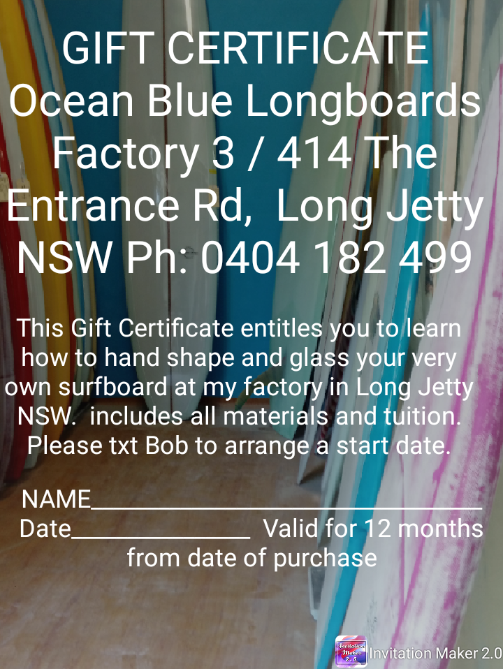 Ocean Blue Longboards |  | Factory unit , 3/414 The Entrance Rd, Long Jetty NSW 2261, Australia | 0404182499 OR +61 404 182 499