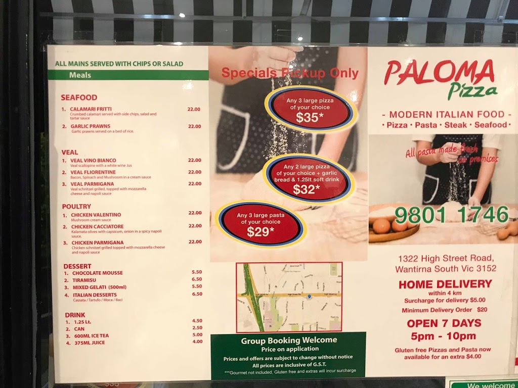 Paloma Pizza | restaurant | 1322 High St Rd, Wantirna South VIC 3152, Australia | 0398011746 OR +61 3 9801 1746