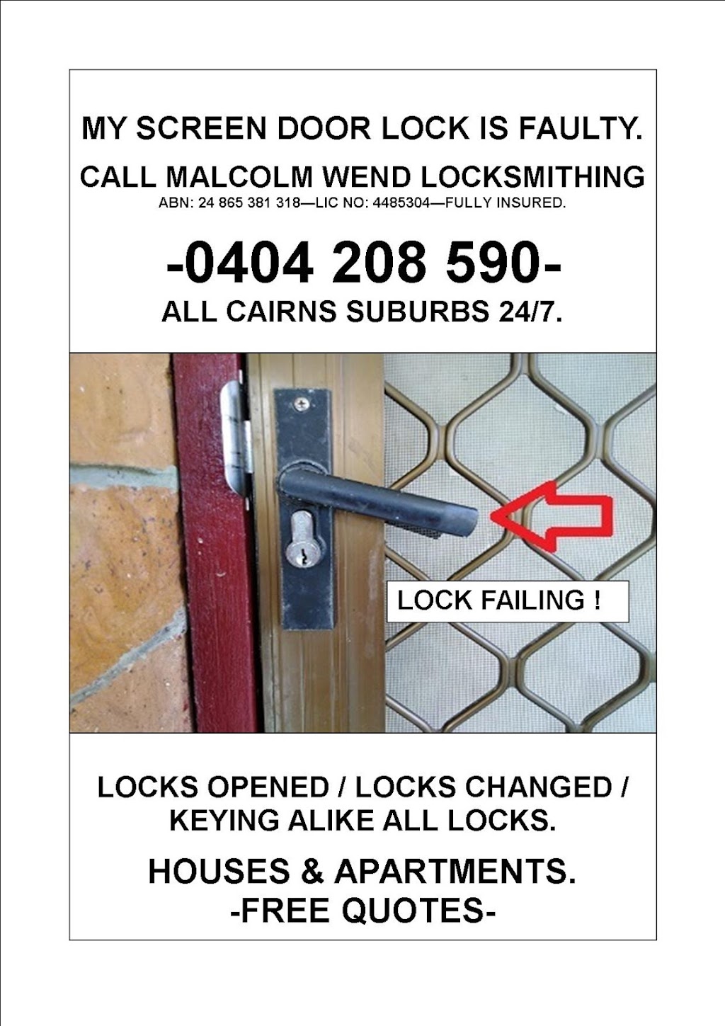 MALCOLM WEND LOCKSMITHING | 4 Dennis Cl, Mooroobool QLD 4870, Australia | Phone: 0404 208 590