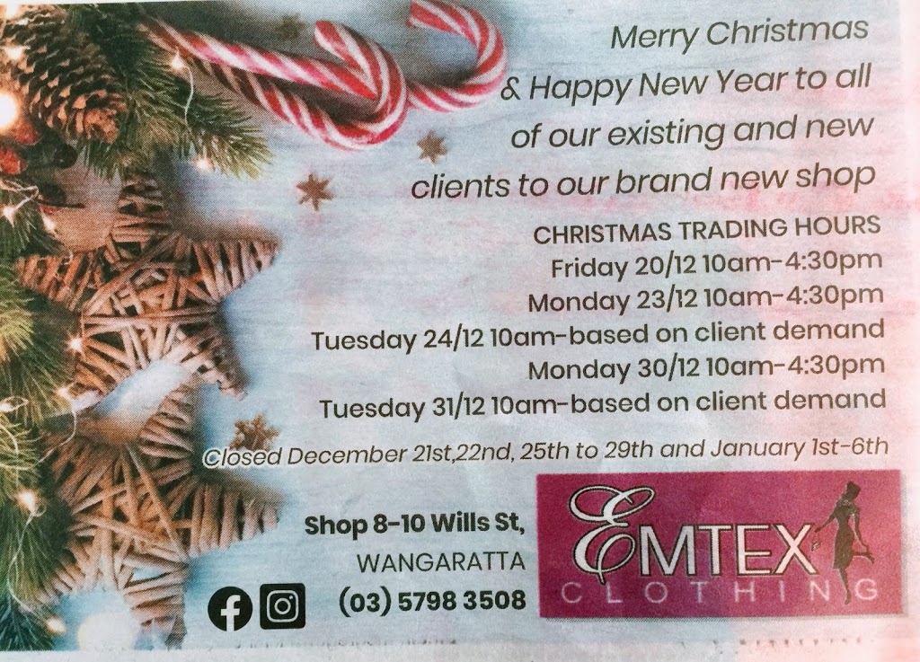 Emtex Clothing | clothing store | Shop 8/10 Wills St, Wangaratta VIC 3677, Australia | 0357983508 OR +61 3 5798 3508