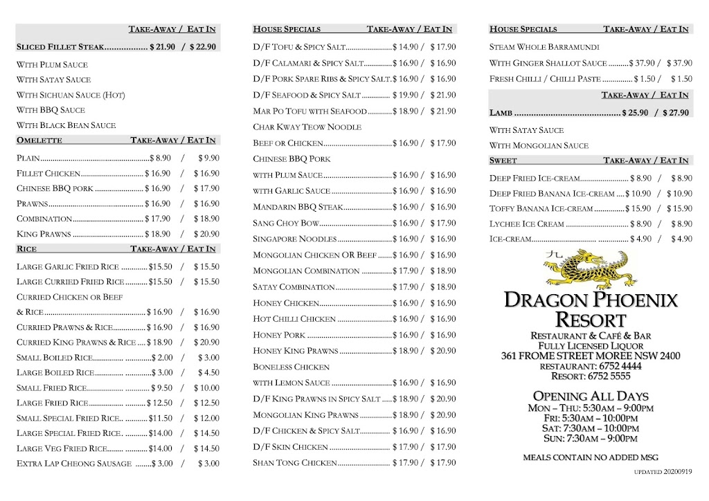 Dragon Phoenix Restaurant | restaurant | 359 Frome St, Moree NSW 2400, Australia | 0267525555 OR +61 2 6752 5555