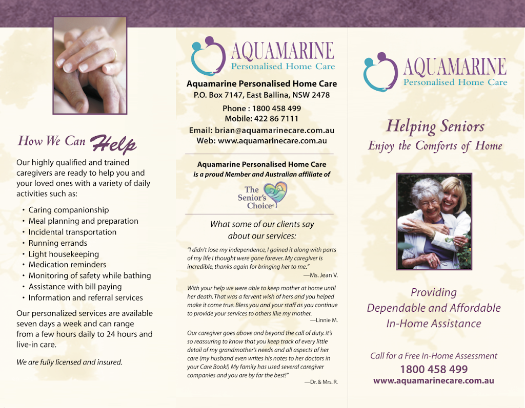 Aquamarine Personalised Home Care | 6/60-80 River St, Ballina NSW 2478, Australia | Phone: 1800 458 499