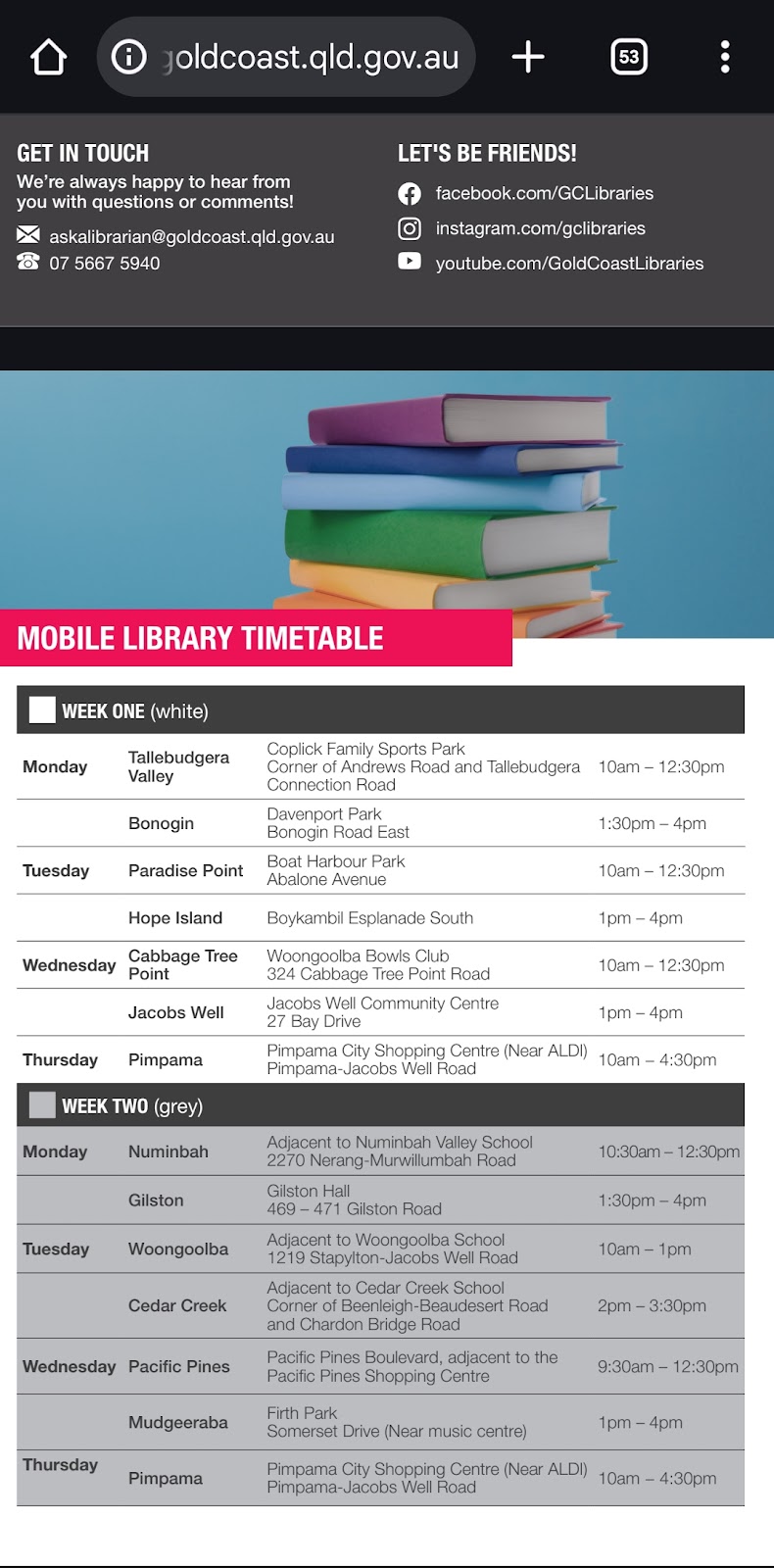 Pimpama Mobile Library | 102 Pimpama Jacobs Well Rd, Pimpama QLD 4209, Australia | Phone: (07) 5667 5940