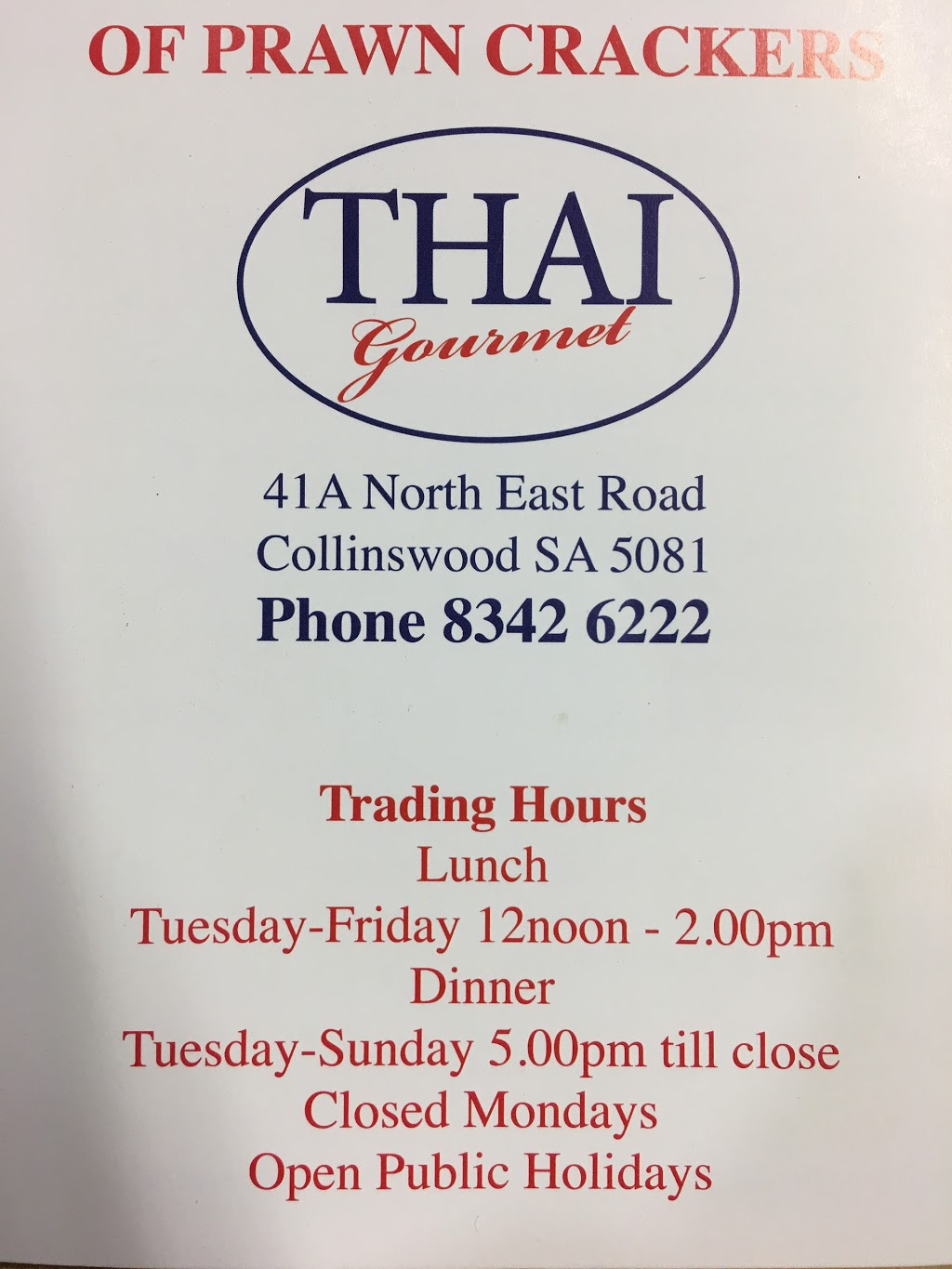 Thai Gourmet | restaurant | 41A North East Road, Collinswood SA 5081, Australia | 0883426222 OR +61 8 8342 6222