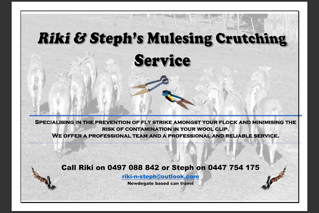 Riki & Stephs Mulesing Crutching Services |  | 41 Maley St, Newdegate WA 6355, Australia | 0497088842 OR +61 497 088 842