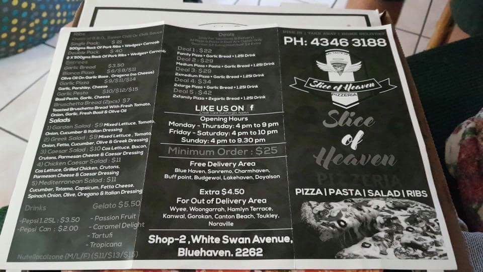 Slice of Heaven Pizzeria | restaurant | 2 White Swan Ave, Blue Haven NSW 2262, Australia | 0243463188 OR +61 2 4346 3188