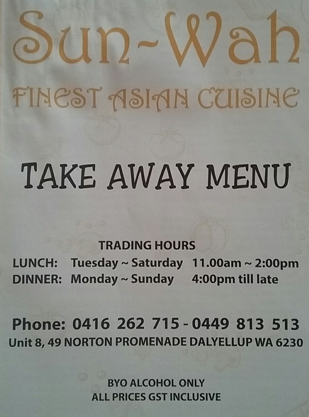 Sunwah Finest Asian Cuisine | restaurant | Unit 8/49 Norton Promenade, Dalyellup WA 6230, Australia | 0416262715 OR +61 416 262 715