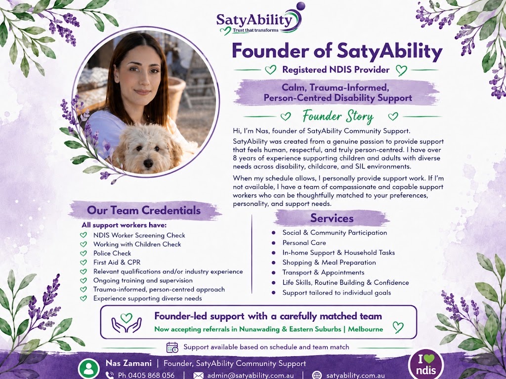 SatyAbility Community Support | Office 2, Level 1/109 Wood St, Templestowe VIC 3106, Australia | Phone: 0405 868 056