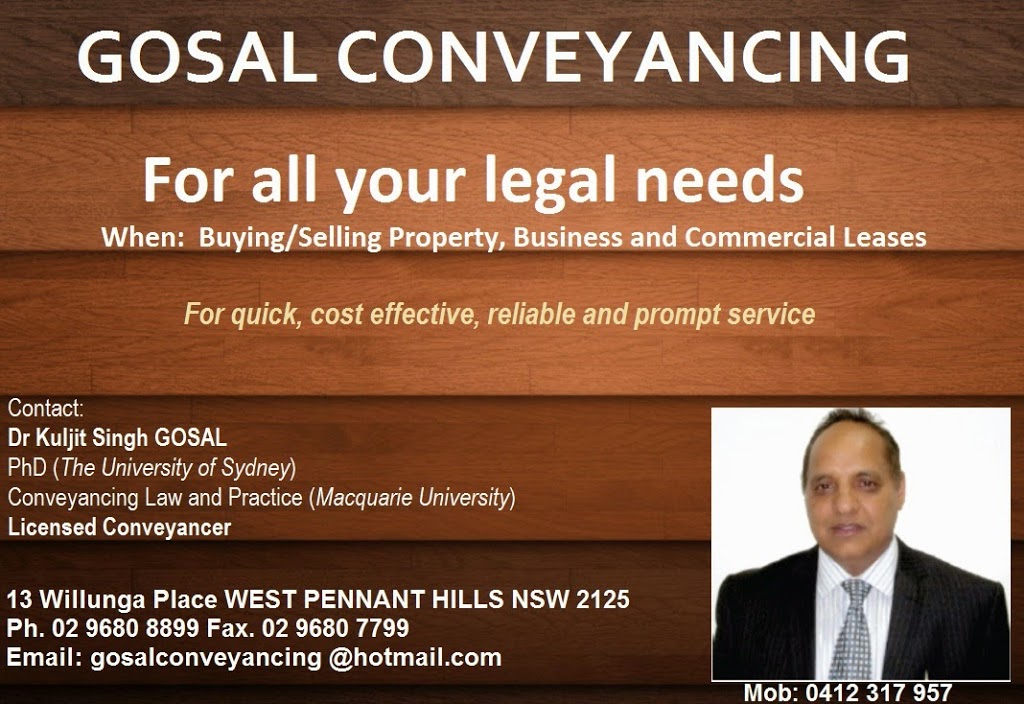 Gosal Conveyancing | lawyer | 13 Willunga Pl, West Pennant Hills NSW 2125, Australia | 0296808899 OR +61 2 9680 8899