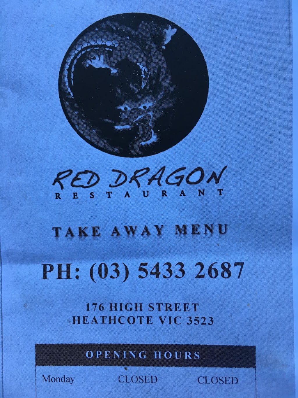 Red Dragon | restaurant | 176 High St, Heathcote VIC 3523, Australia | 0354332687 OR +61 3 5433 2687