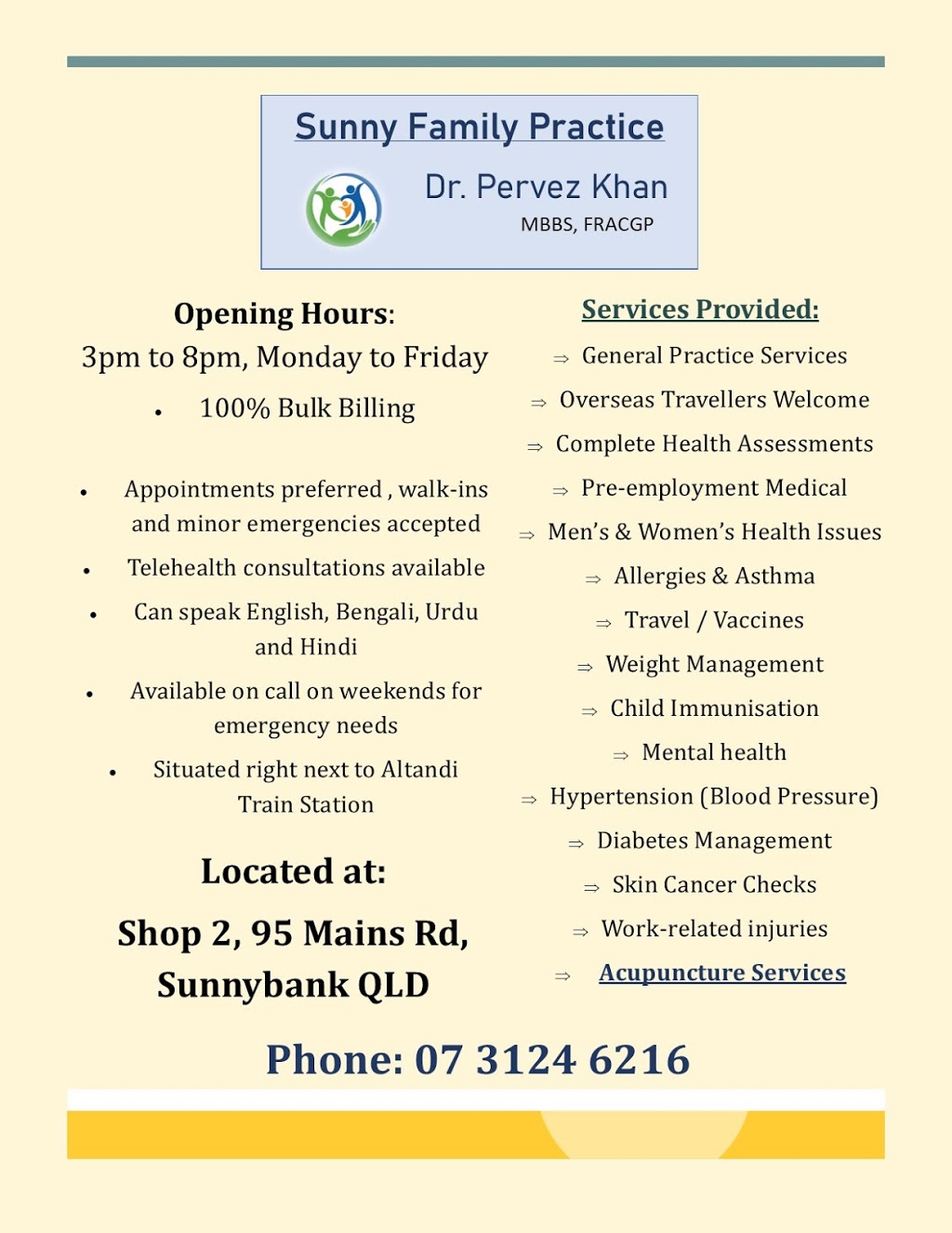 Sunny Family Practice - Dr Pervez Khan | shop 2/95 Mains Rd, Sunnybank QLD 4109, Australia | Phone: (07) 3124 6216