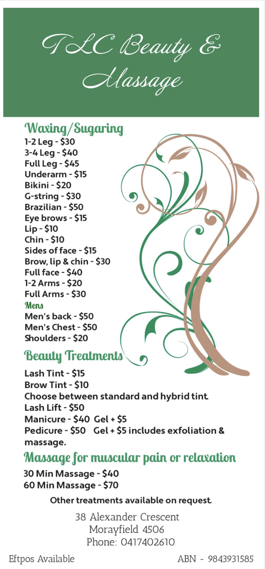 TLC Beauty & Massage | beauty salon | 38 Alexander Cres, Morayfield QLD 4506, Australia | 0417402610 OR +61 417 402 610