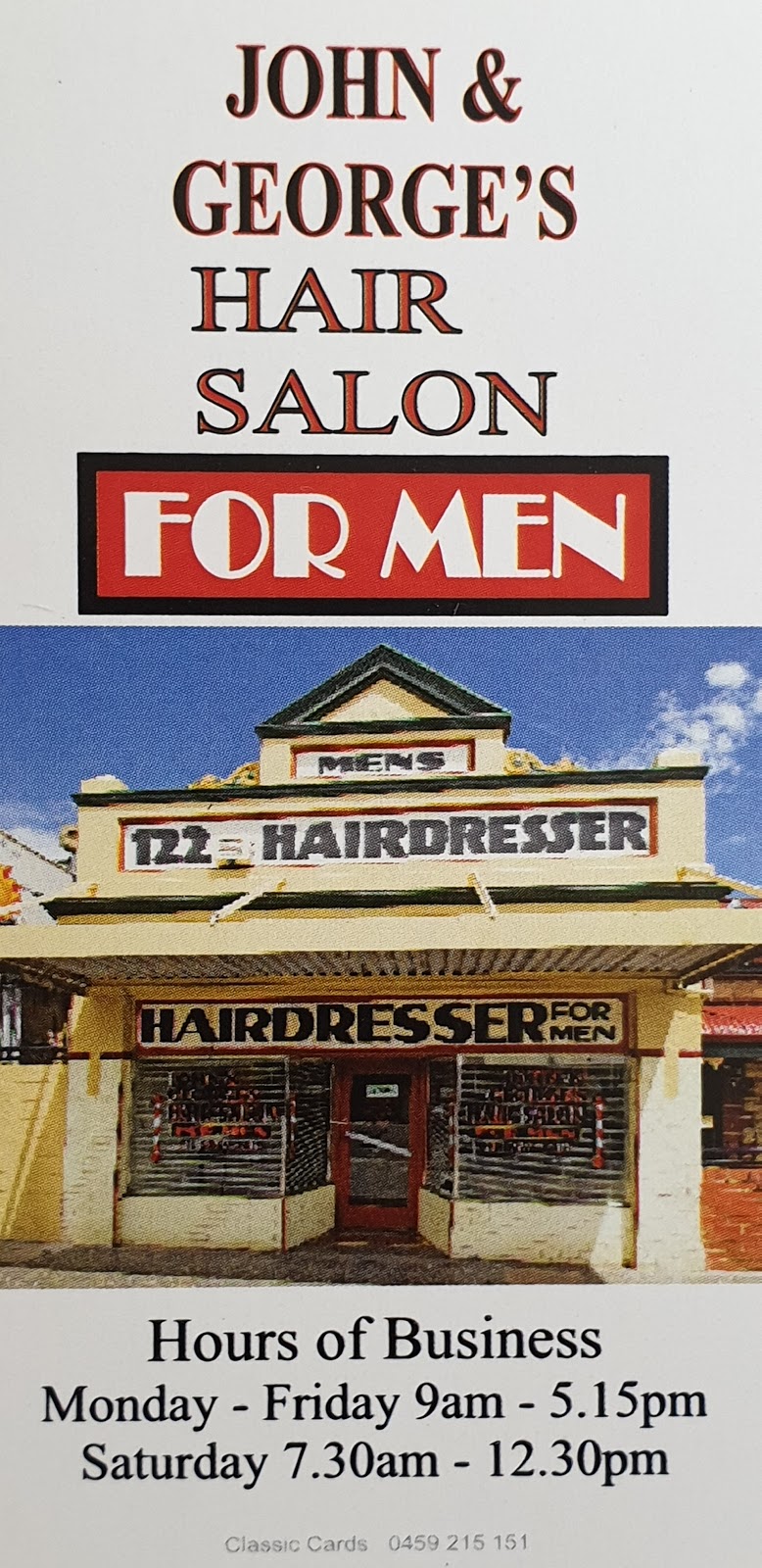 JOHN AND GEORGES HAIR SALON FOR MEN | hair care | 122 Prospect Rd, Prospect SA 5082, Australia | 0882694418 OR +61 8 8269 4418