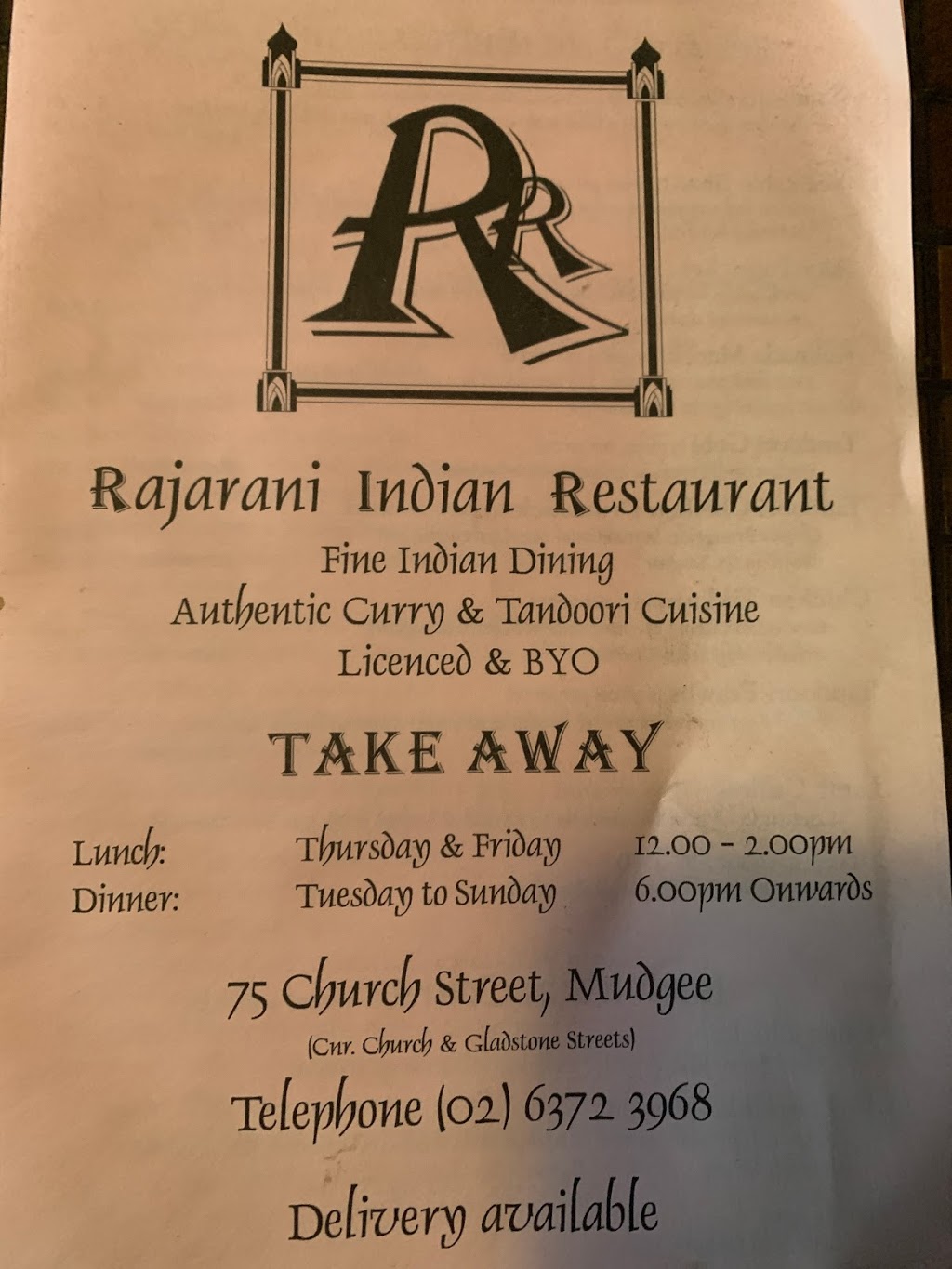 Rajarani Indian Restaurant | 75 Church St, Mudgee NSW 2850, Australia | Phone: (02) 6372 3968