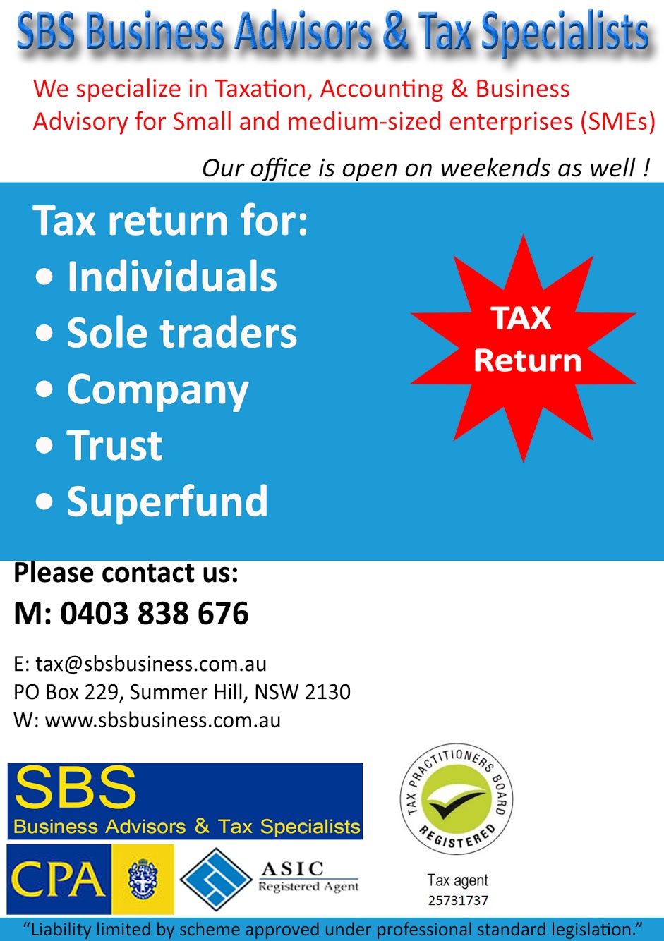 SBS Business Advisors and Tax Specialists | 4/15 Lorne St, Summer Hill NSW 2130, Australia | Phone: 0403 838 676