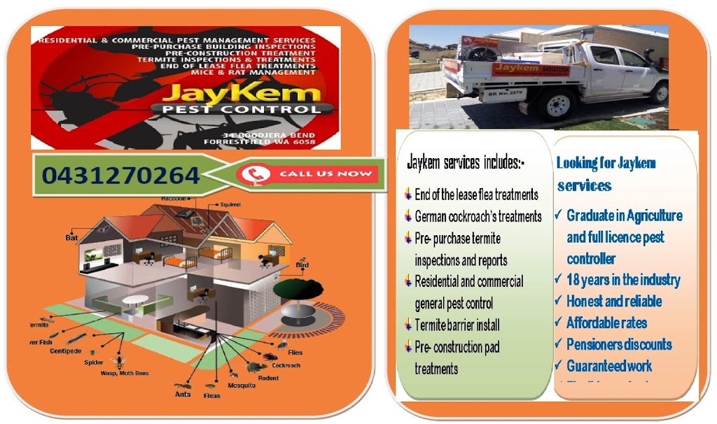 Jaykem Pest Control Pty Ltd | home goods store | 34 Boodjera Bend, Forrestfield WA 6058, Australia | 0431270264 OR +61 431 270 264