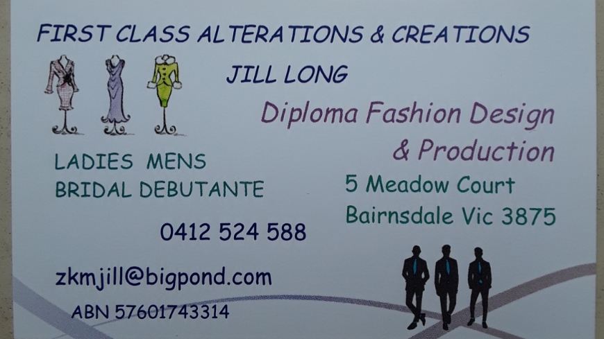 First Class Alterations and Creations / Jill Long | 5 Meadow Ct, Bairnsdale VIC 3875, Australia | Phone: 0412 524 588