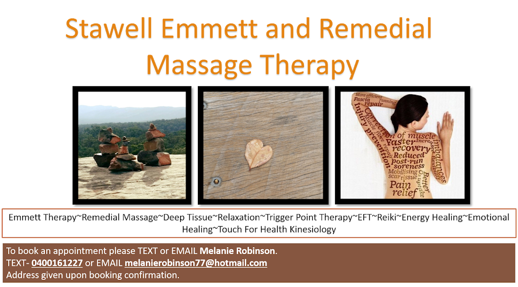 Stawell Emmett and Remedial Massage Therapy |  | 15 Fisher St, Stawell VIC 3380, Australia | 0400161227 OR +61 400 161 227