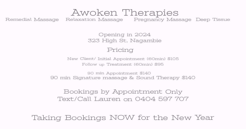 Awoken Therapies Massage | 323 High St, Nagambie VIC 3608, Australia | Phone: 0404 597 707