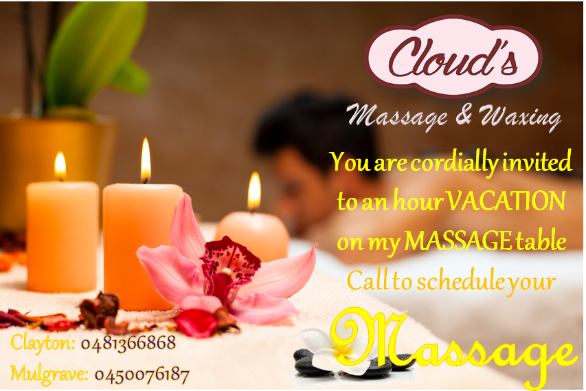 CLOUDS MASSAGE AND WAXING | 38 Scotsburn Ave, Clayton VIC 3168, Australia | Phone: 0481 366 868