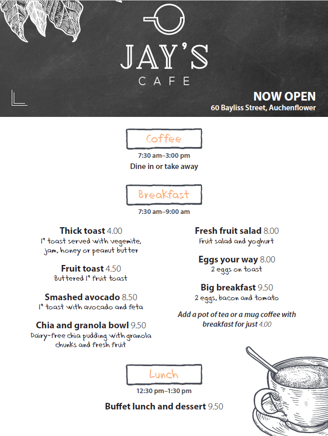 Jays Cafe | cafe | 60 Bayliss St, Auchenflower QLD 4066, Australia | 0733779819 OR +61 7 3377 9819