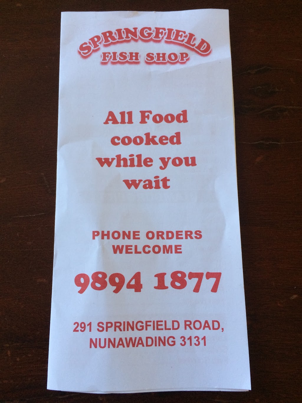Springfield Fish & Chip Shop | 291 Springfield Rd, Nunawading VIC 3131, Australia | Phone: (03) 9894 1877