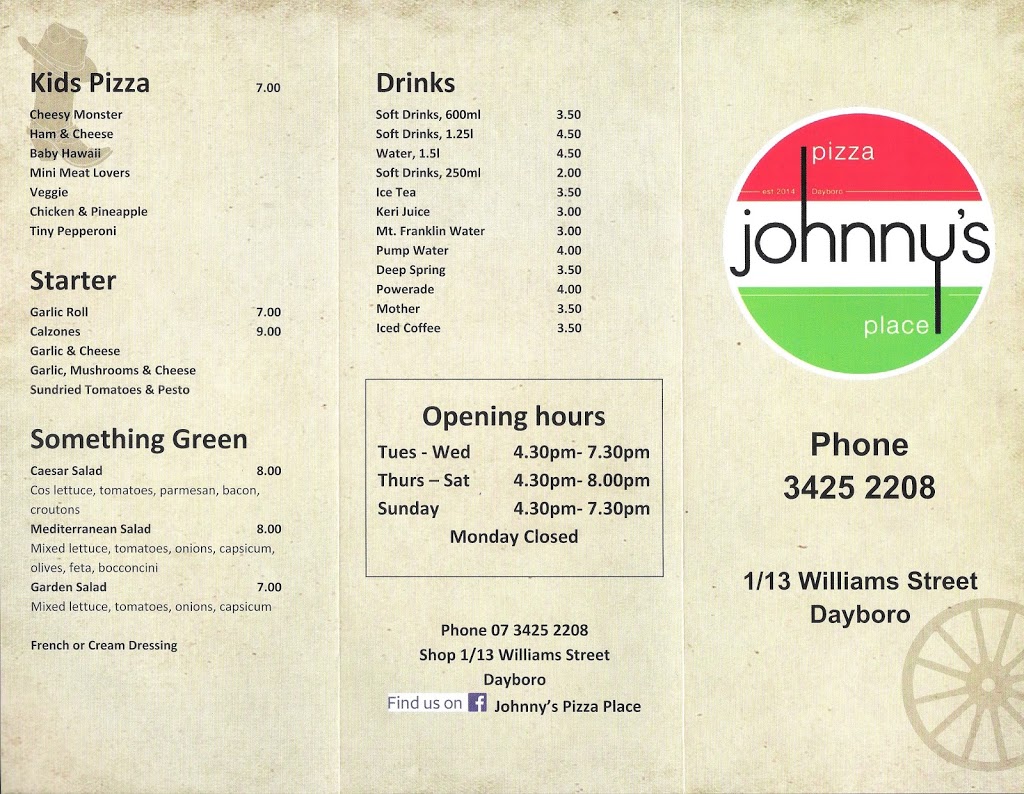 Johnnys Pizza Place | meal takeaway | 13 Williams St, Dayboro QLD 4521, Australia | 0734252208 OR +61 7 3425 2208