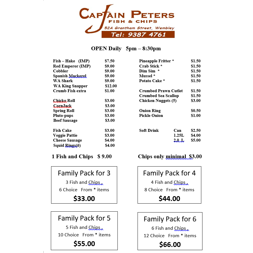 Captain Peters Fish & Chips | meal takeaway | 52A Grantham St, Wembley WA 6014, Australia | 0893874761 OR +61 8 9387 4761