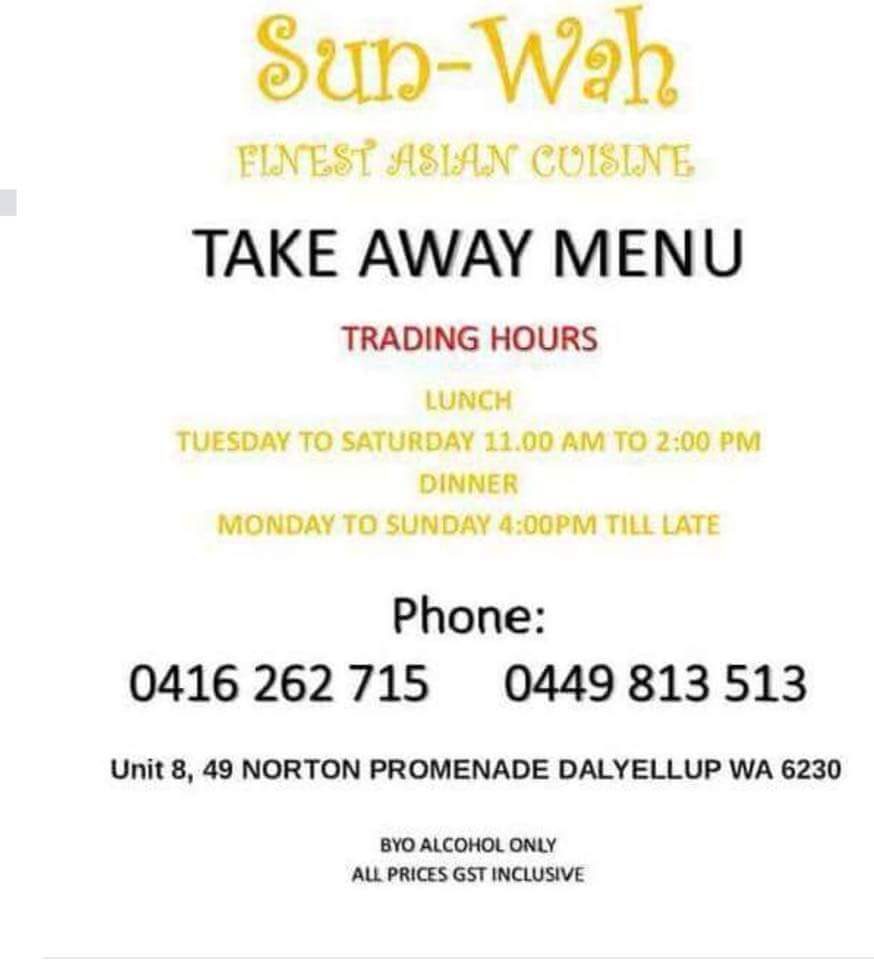 Sunwah Finest Asian Cuisine | restaurant | Unit 8/49 Norton Promenade, Dalyellup WA 6230, Australia | 0416262715 OR +61 416 262 715