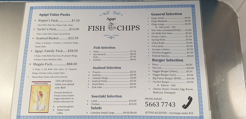 Agapi Fish & Chips | restaurant | 112 Jupiter Blvd, Venus Bay VIC 3956, Australia | 0356637743 OR +61 3 5663 7743