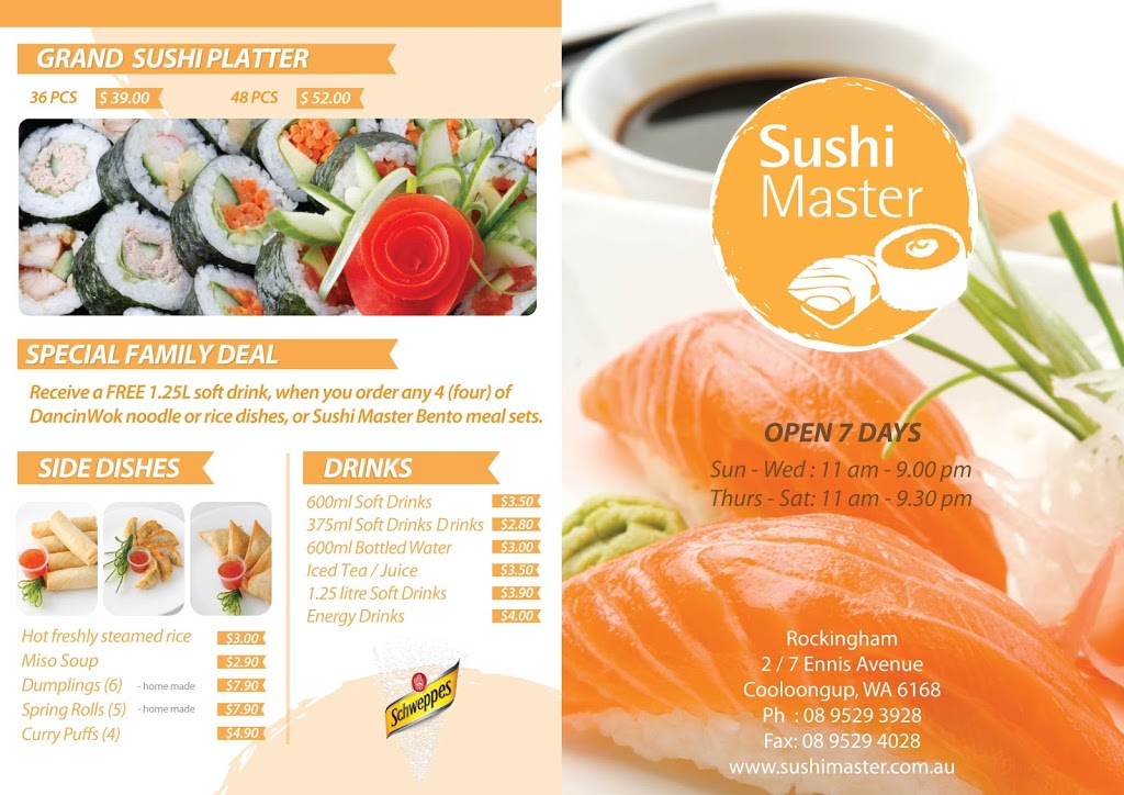 Sushi Master & DancinWok | restaurant | 2/7 Ennis Ave, Cooloongup WA 6168, Australia | 0895293928 OR +61 8 9529 3928