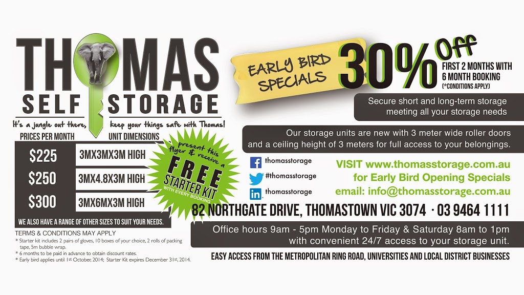 Thomas Self Storage | storage | 82 Northgate Dr, Thomastown VIC 3074, Australia | 0394641111 OR +61 3 9464 1111