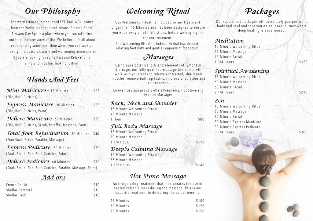 Eirawen Day Spa | Shop 4/19 Snowy River Ave, Jindabyne NSW 2627, Australia | Phone: (02) 6456 2351