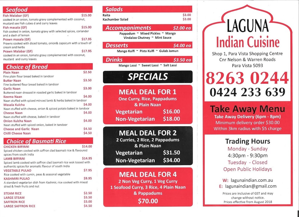 Laguna Indian Cuisine | restaurant | 296-306 Nelson Rd, Para Vista SA 5093, Australia | 0882630244 OR +61 8 8263 0244