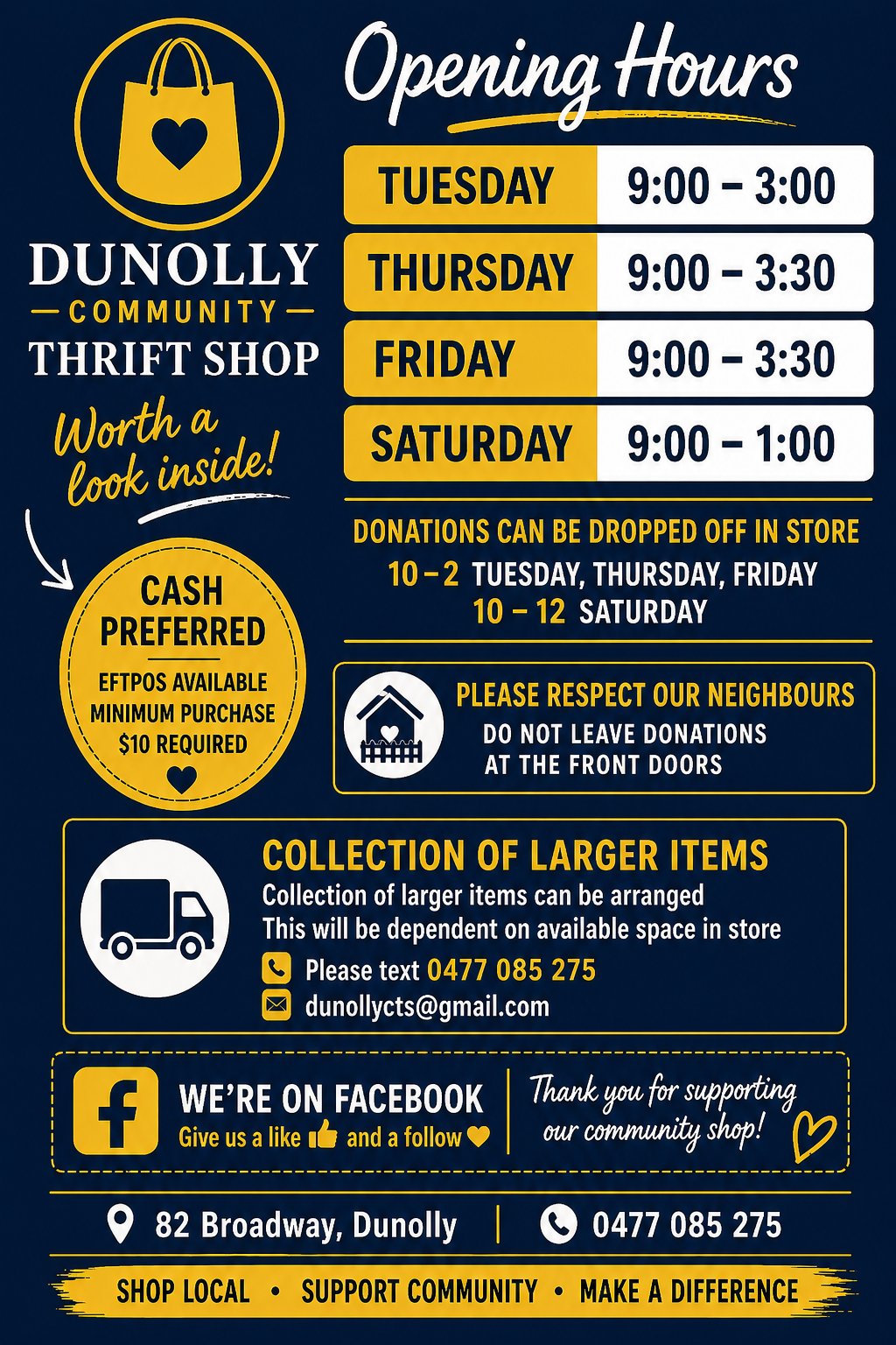 Dunolly Community Thrift Shop | 82 Broadway, Dunolly VIC 3472, Australia | Phone: 0477 085 275
