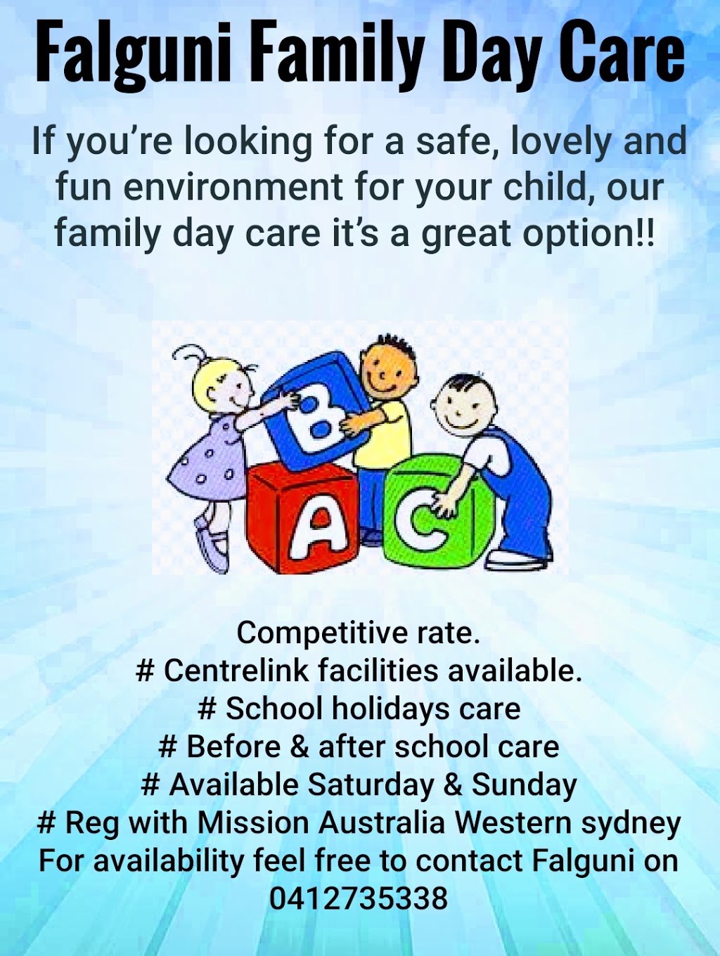 Falguni Family Day Care |  | 73A Princess St, Werrington NSW 2747, Australia | 0412735338 OR +61 412 735 338