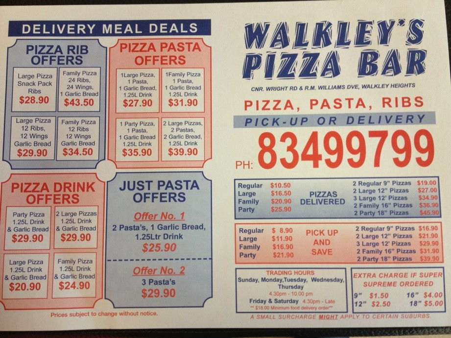 Walkleys Pizza Bar | Wright Rd, Walkley Heights SA 5098, Australia | Phone: (08) 8349 9799
